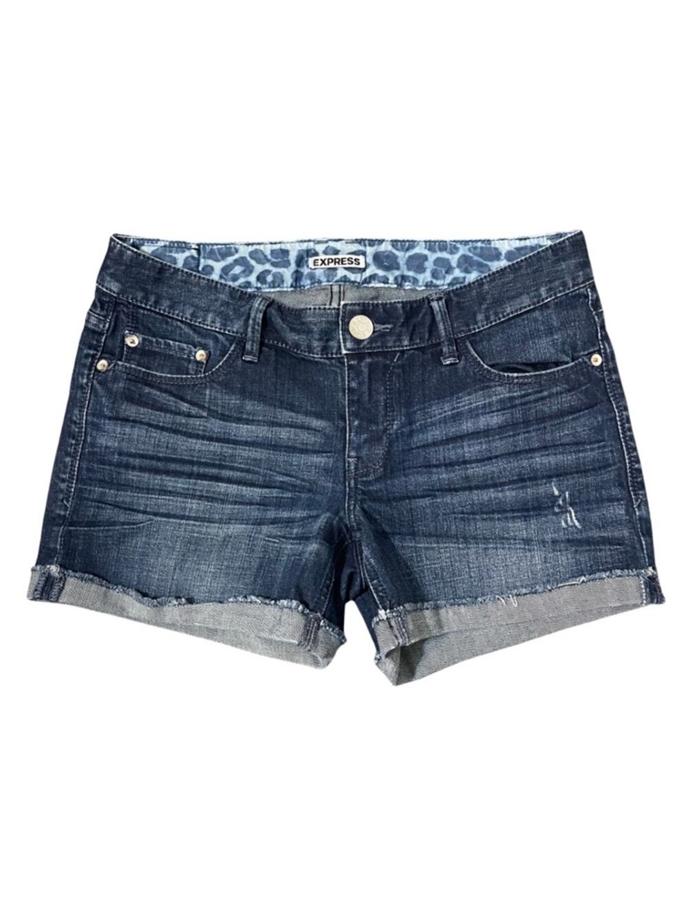 Express Women’s Rolled Hem Denim Shorts Stretch Low Rise Sz 4 Dark Indigo